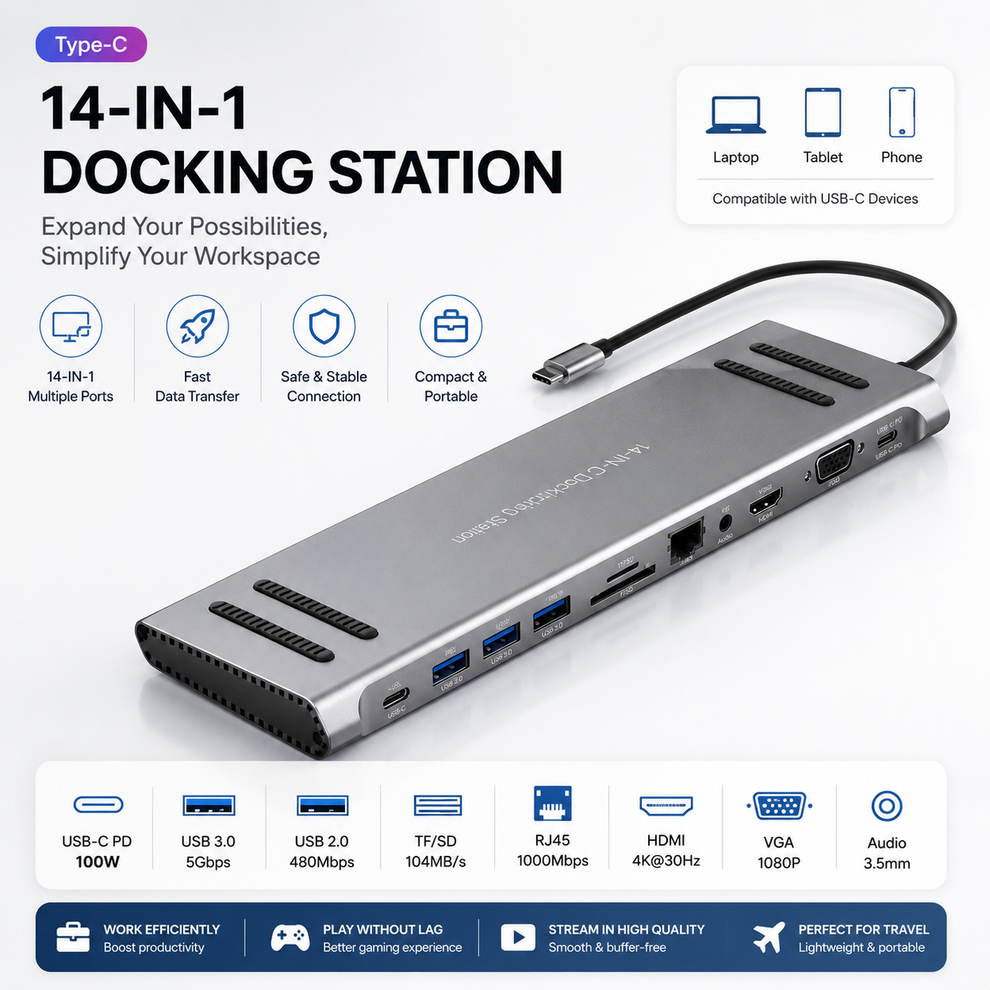 14-in-1 USB-C Docking Station | 4K HDMI Multiport USB-C Hub with Ethernet, VGA & PD Charging