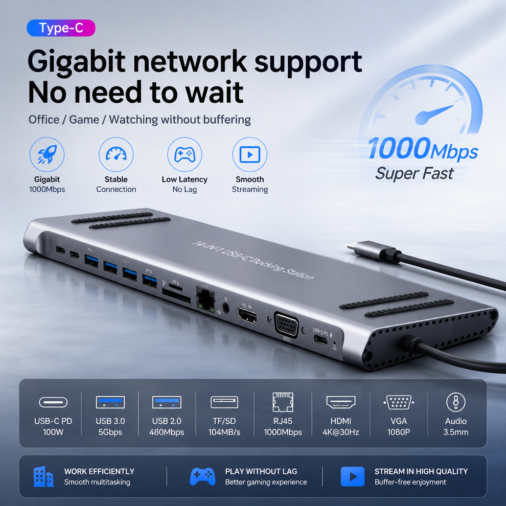 14-in-1 USB-C Docking Station | 4K HDMI Multiport USB-C Hub with Ethernet, VGA & PD Charging