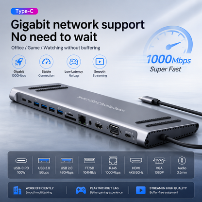 14-in-1 USB-C Docking Station | 4K HDMI Multiport USB-C Hub with Ethernet, VGA & PD Charging