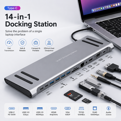 14-in-1 USB-C Docking Station | 4K HDMI Multiport USB-C Hub with Ethernet, VGA & PD Charging