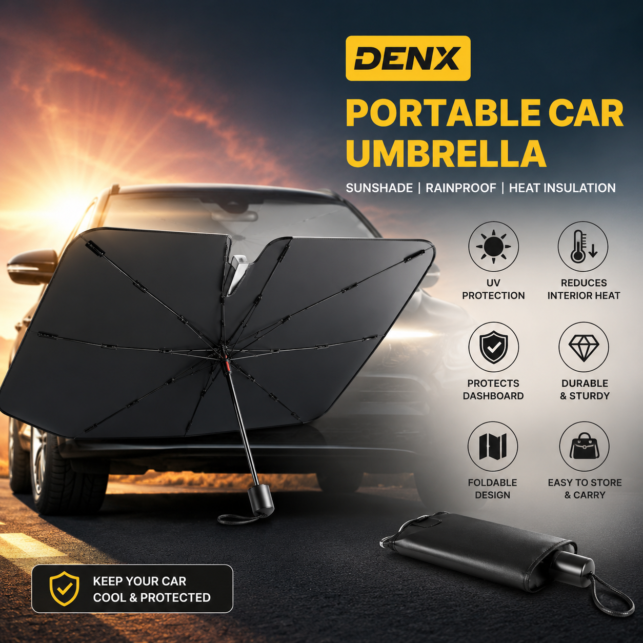 Foldable UV Protection Heat Shield for Cars, SUVs & Sedans