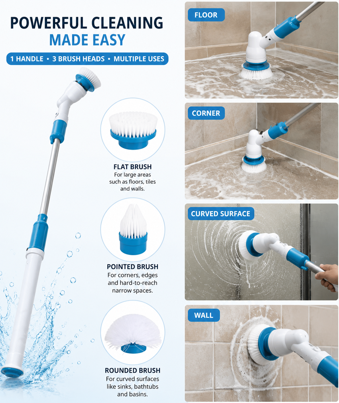 3-in-1 Electric Spin Scrubber with Extendable Handle