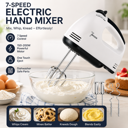 7-Speed Electric Hand Mixer with Stainless Steel Beaters & Dough Hooks