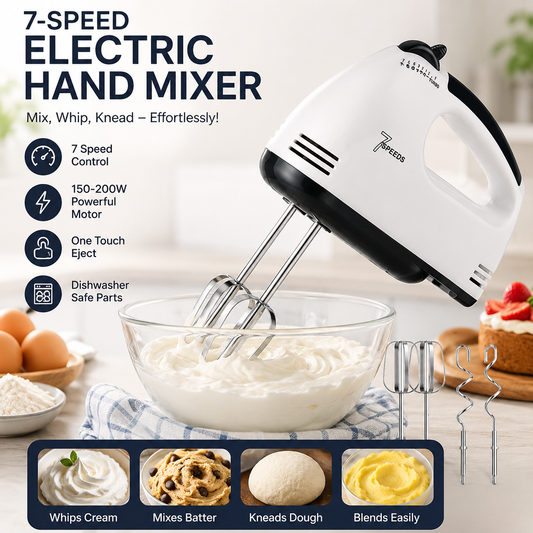 7-Speed Electric Hand Mixer with Stainless Steel Beaters & Dough Hooks