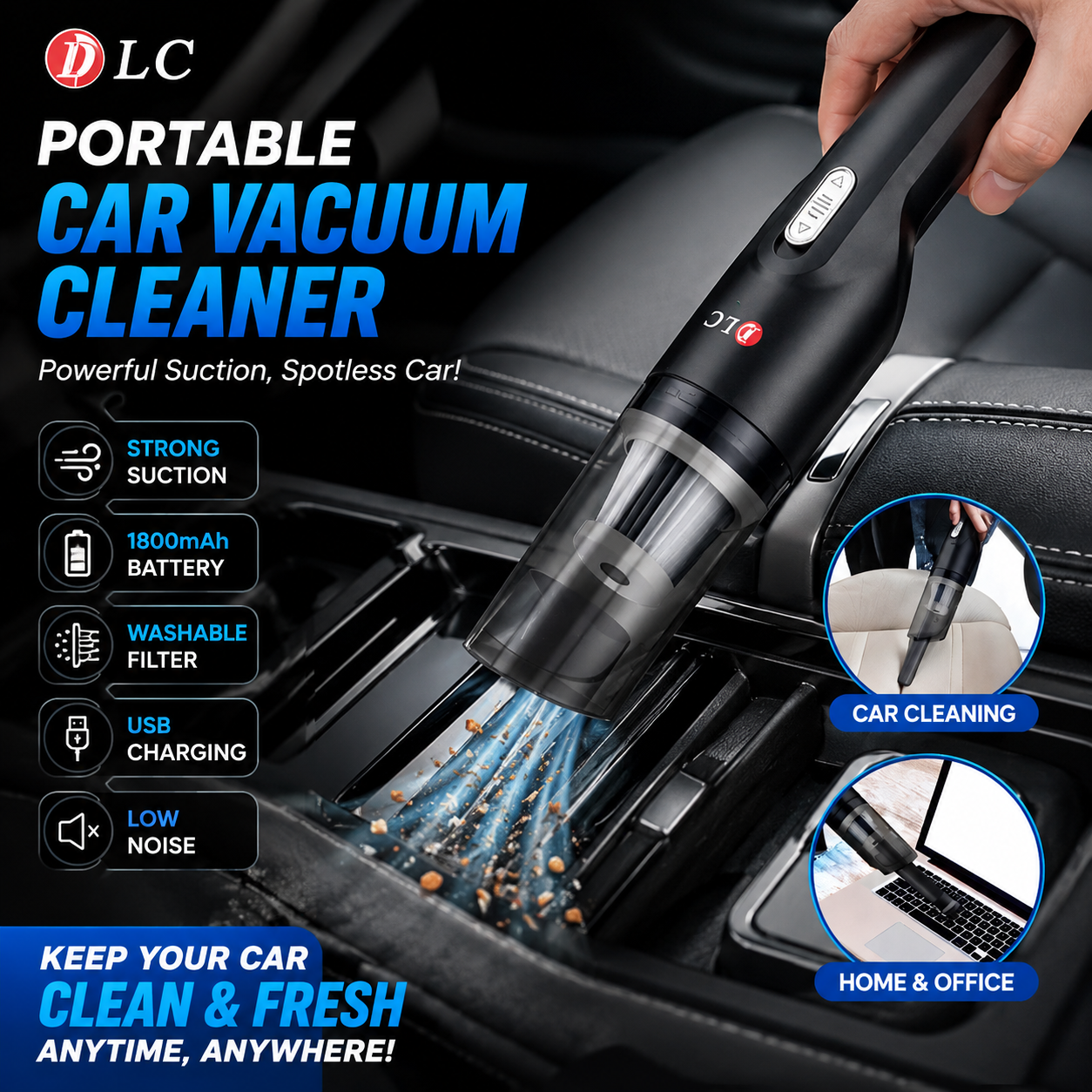 DLC Portable Cordless Car Vacuum Cleaner | USB Rechargeable High Suction Handheld Vacuum