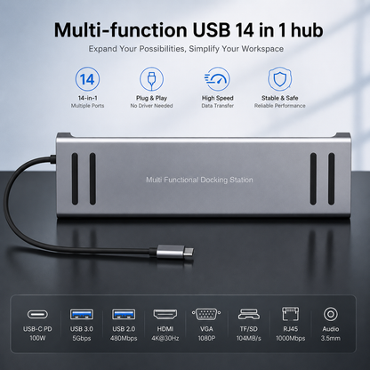 14-in-1 USB-C Docking Station | 4K HDMI Multiport USB-C Hub with Ethernet, VGA & PD Charging